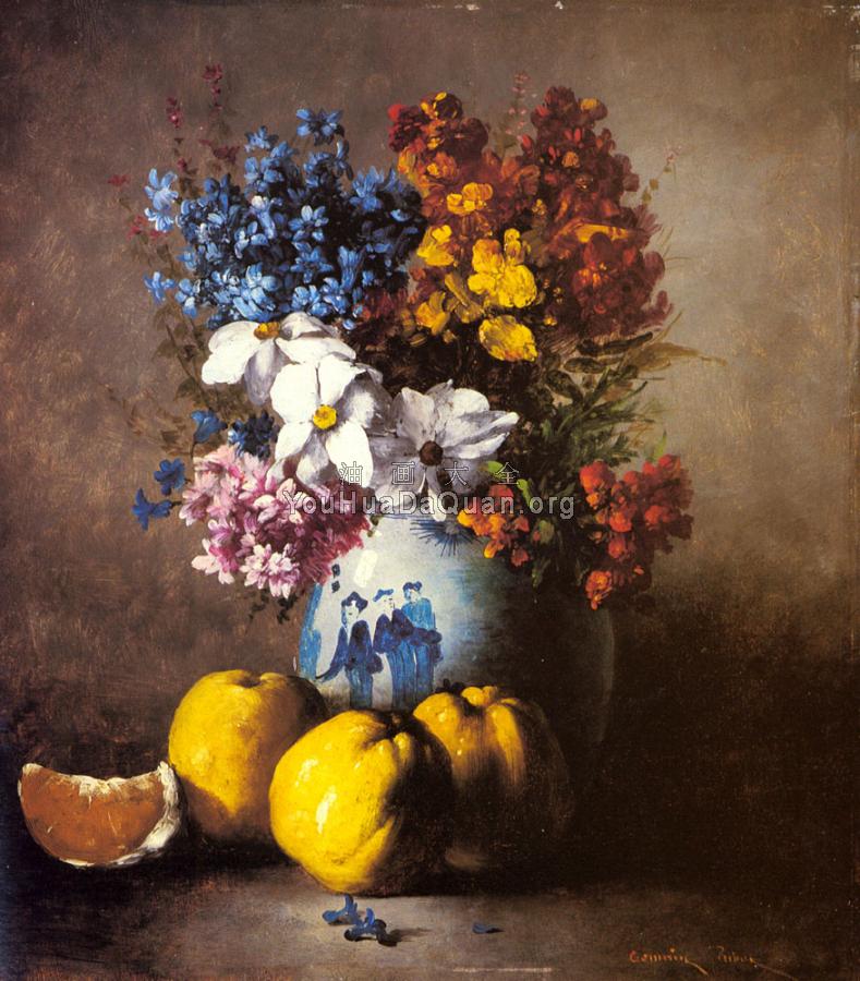 A Still Life With A Vase Of Flowers And Fruit - 杰曼·西奥多尔·克勒门特·立波特